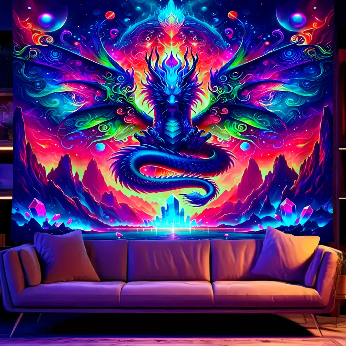 1Pcfluorescent Colored Dragon Tapestry, UV Reactive Black Light Tapestry, Rainbow Dragon E-Sports Room College Wall Hanging