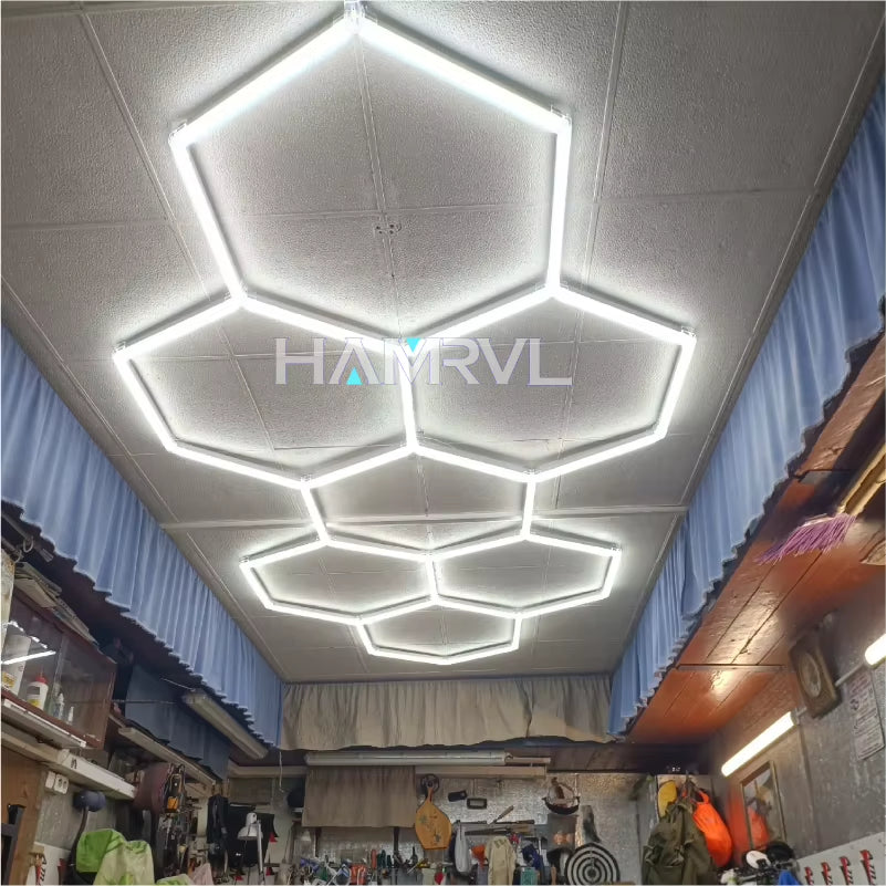 Hexagon LED Lighting for Garage Barbecue Shop Barbershop Gym Bar Car Detailing Showroom 4S Workshop Ceiling Light Honeycomb Tube