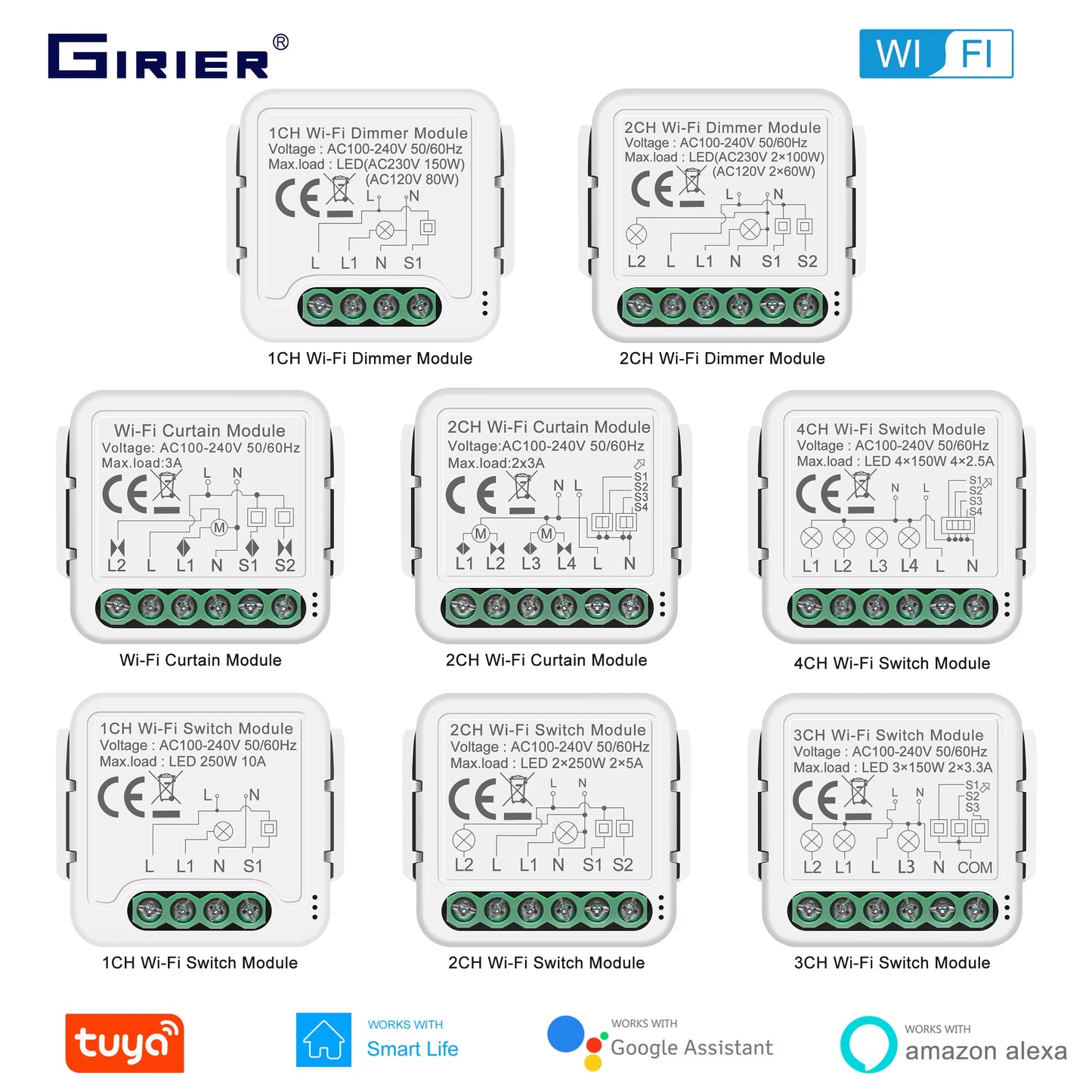 Tuya Smart Wifi Light/Curtain/Dimmer Switch Modules Support 2 Way Control Works with Alexa Hey Google Alice No Hub Needed