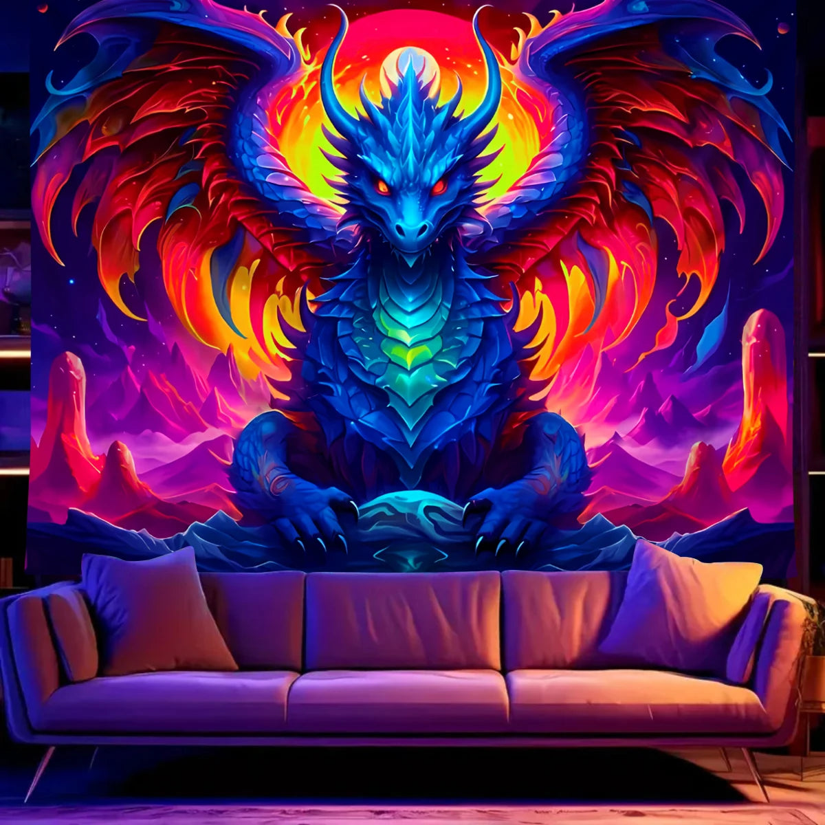 1Pcfluorescent Colored Dragon Tapestry, UV Reactive Black Light Tapestry, Rainbow Dragon E-Sports Room College Wall Hanging
