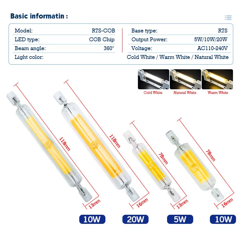 High Power LED R7S Glass Tube COB Bulb Ceramics 110V 220V 78MM 118MM R7S Corn Lamp 5W 10W 20W J78 J118 Replace Halogen Lampadas