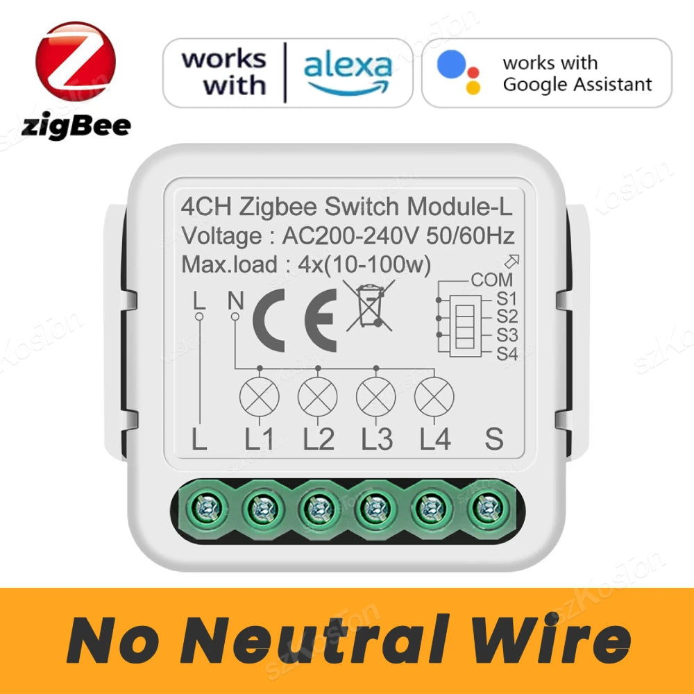 No Neutral Tuya Zigbee 3.0 Smart Switch Module 1 2 3 4 Gang Wire Required Smart Home DIY Light Breaker Works with Alexa Google