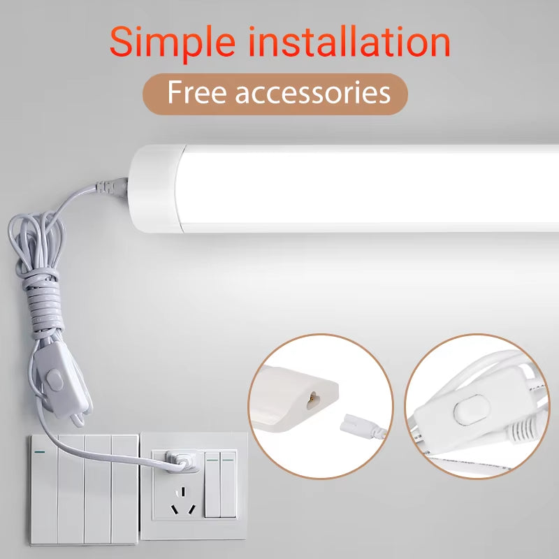 Led Tube Light with Switch Wire 110V 220V 10W 20W Lighting Strip Lamps 30/50Cm for Living Room Bedroom Closet Kitchen Lamp
