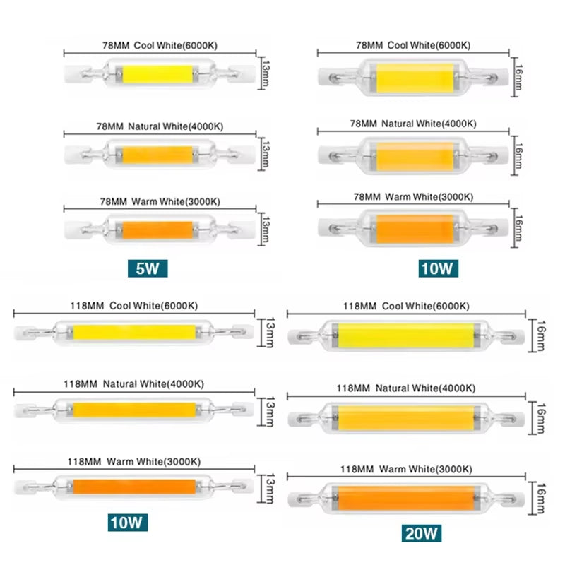 High Power LED R7S Glass Tube COB Bulb Ceramics 110V 220V 78MM 118MM R7S Corn Lamp 5W 10W 20W J78 J118 Replace Halogen Lampadas