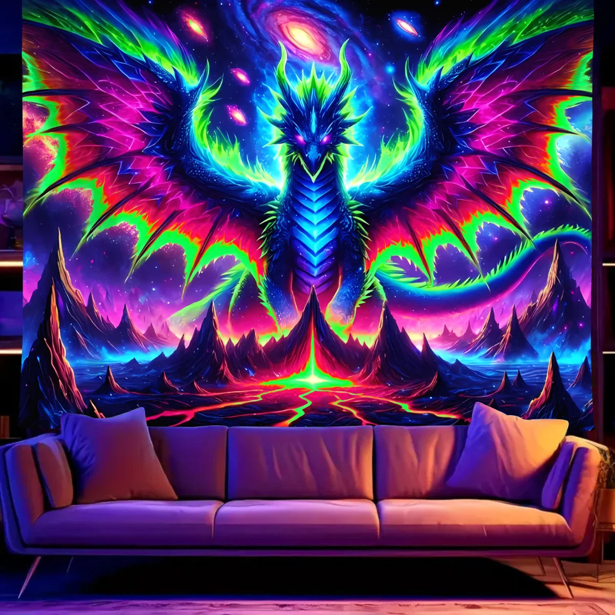 1Pcfluorescent Colored Dragon Tapestry, UV Reactive Black Light Tapestry, Rainbow Dragon E-Sports Room College Wall Hanging