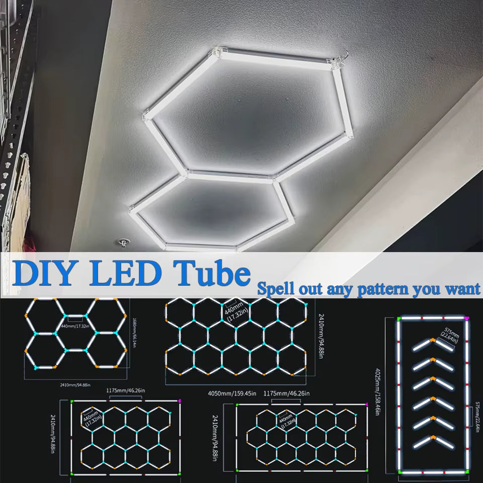 DIY Led Tube Hexagon Garage Honeycomb Car Body Lighting Lamp Ceiling Lamp PC AC85-265V Accessories Barbershop Workshop Garage