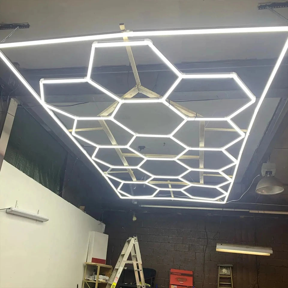 Hexagon LED Lighting for Garage Barbecue Shop Barbershop Gym Bar Car Detailing Showroom 4S Workshop Ceiling Light Honeycomb Tube