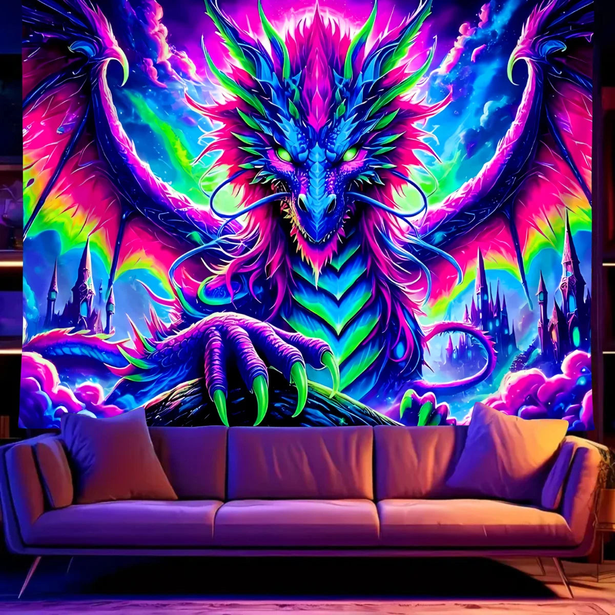 1Pcfluorescent Colored Dragon Tapestry, UV Reactive Black Light Tapestry, Rainbow Dragon E-Sports Room College Wall Hanging