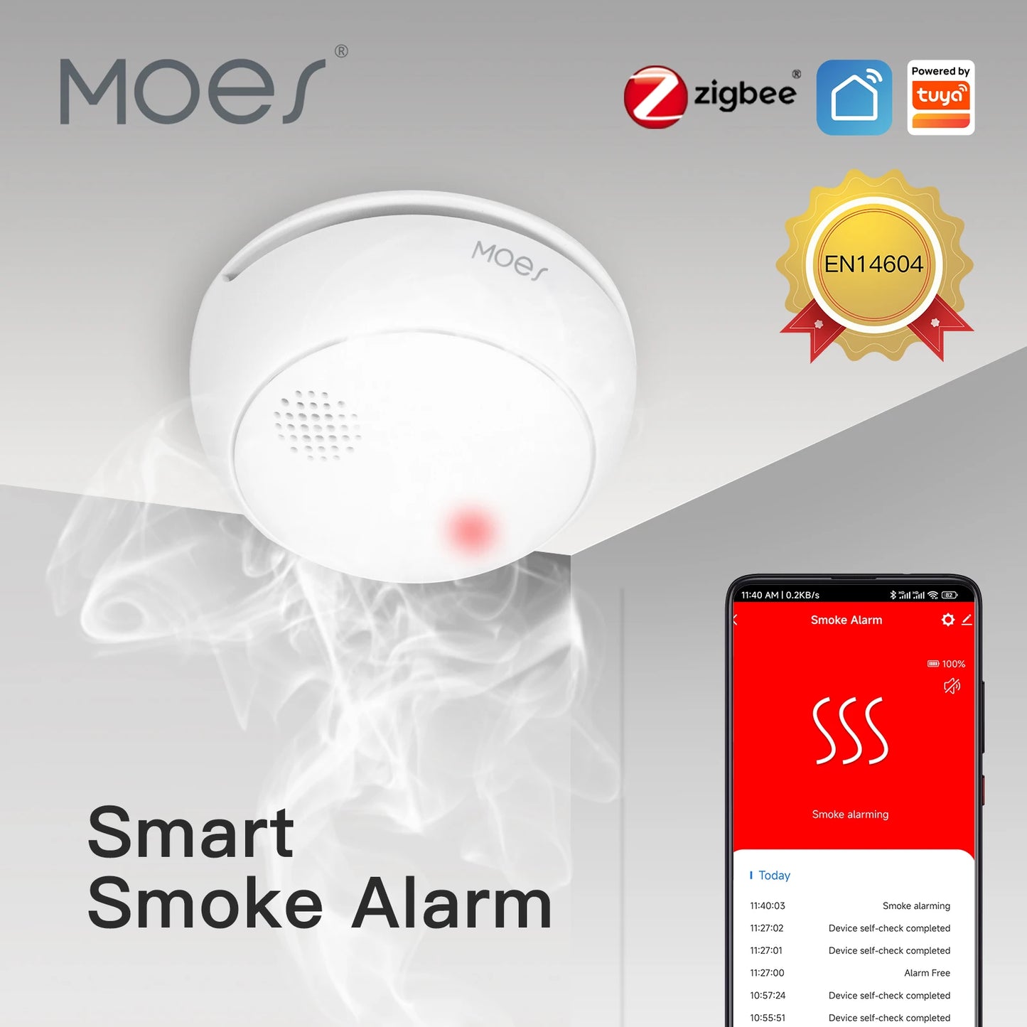 MOES Zigbee Smart Wireless Smoke Detector Fire 85Db Sound Alarm Siren Sensor Smart Safety Protection Home Kitchen Fire App Alert