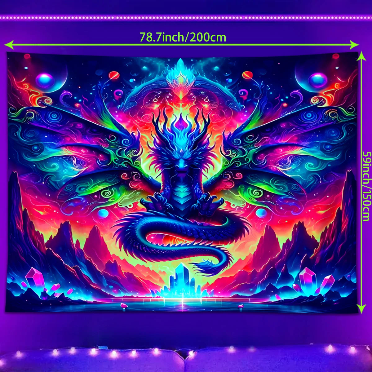 1Pcfluorescent Colored Dragon Tapestry, UV Reactive Black Light Tapestry, Rainbow Dragon E-Sports Room College Wall Hanging