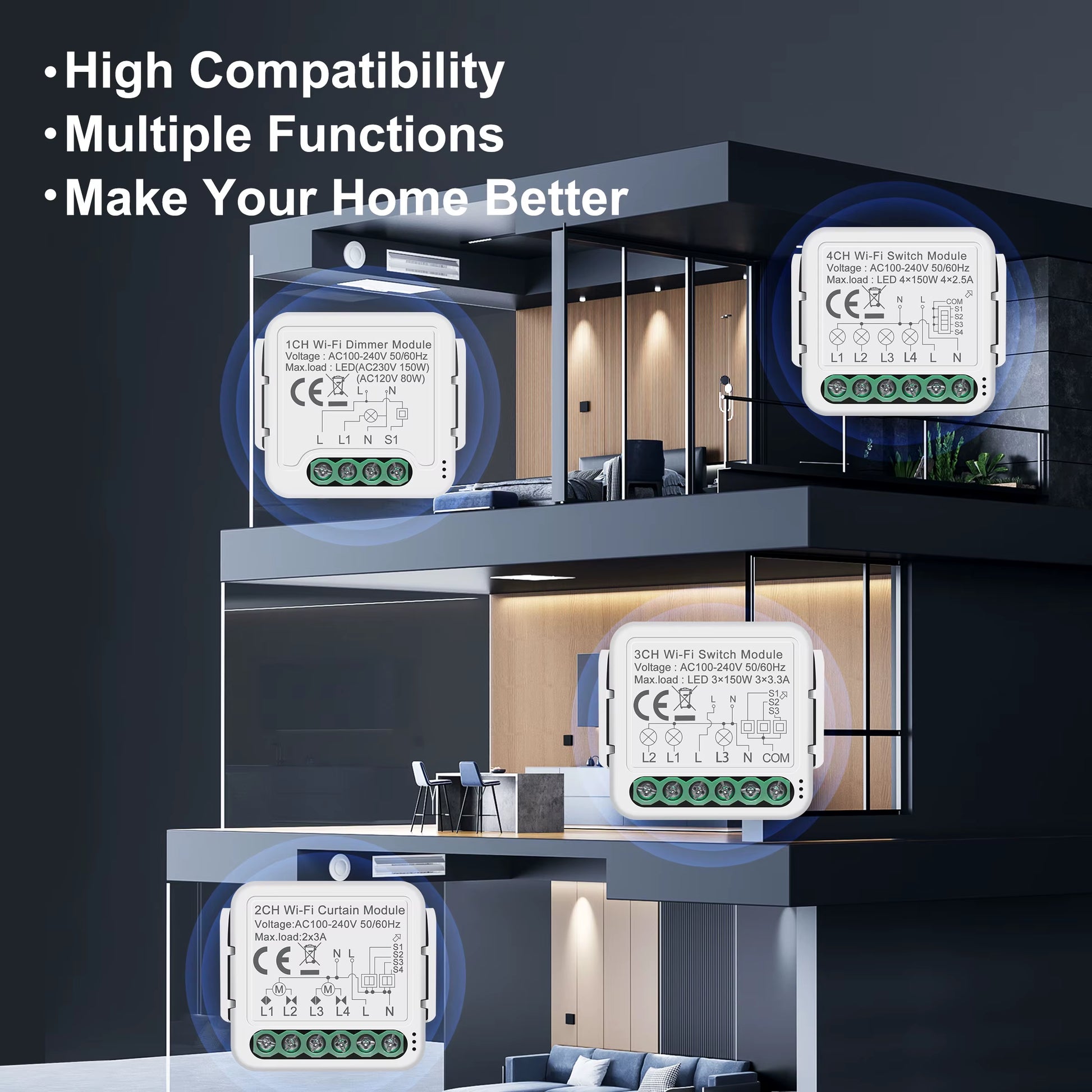 Tuya Smart Wifi Light/Curtain/Dimmer Switch Modules Support 2 Way Control Works with Alexa Hey Google Alice No Hub Needed