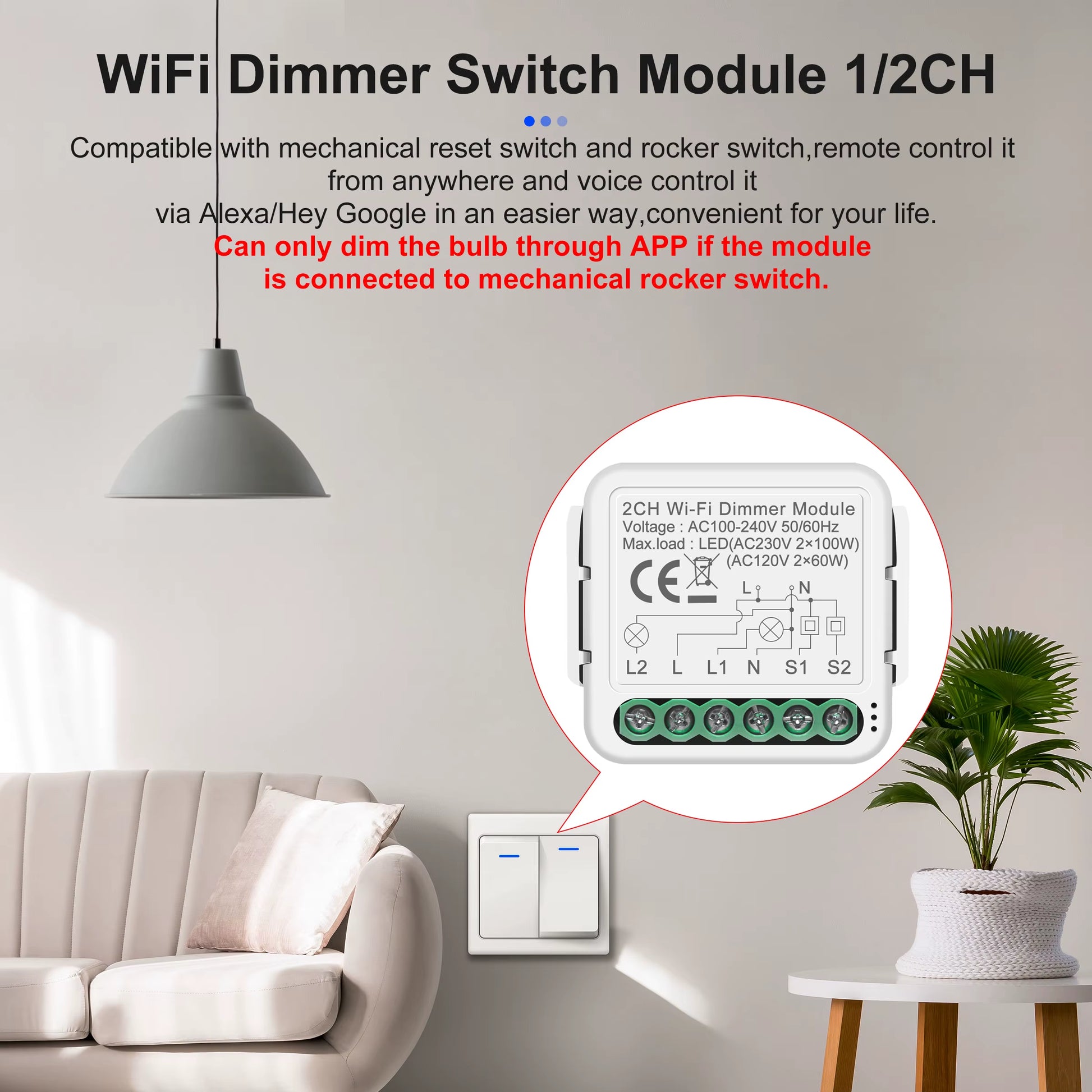 Tuya Smart Wifi Light/Curtain/Dimmer Switch Modules Support 2 Way Control Works with Alexa Hey Google Alice No Hub Needed