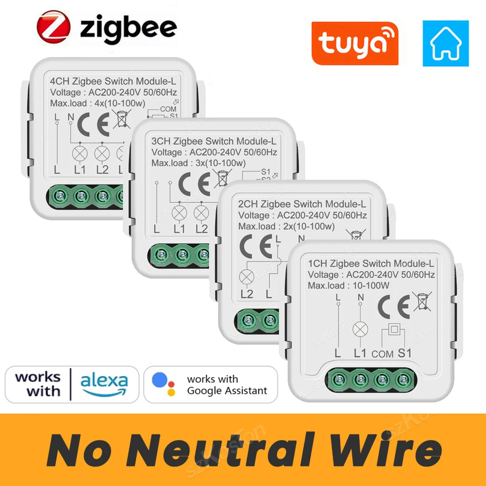 No Neutral Tuya Zigbee 3.0 Smart Switch Module 1 2 3 4 Gang Wire Required Smart Home DIY Light Breaker Works with Alexa Google