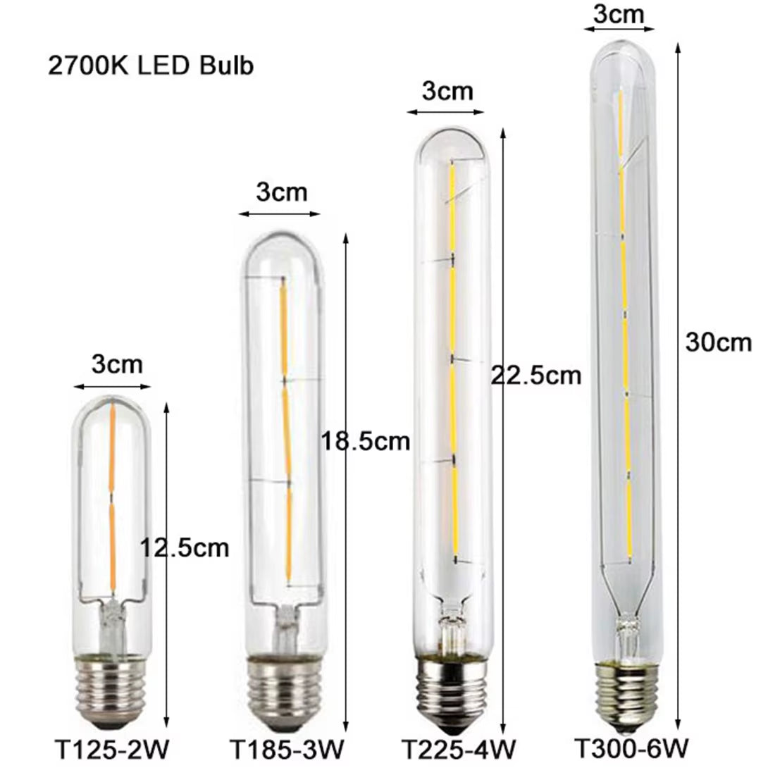100-240V 6000K LED Filament Light Bulb 110V 120V 6500K Tubular Edison Bulbs T10 T185 T225 T30 T300 Long Tube 4W 6W 8W Led Bulb